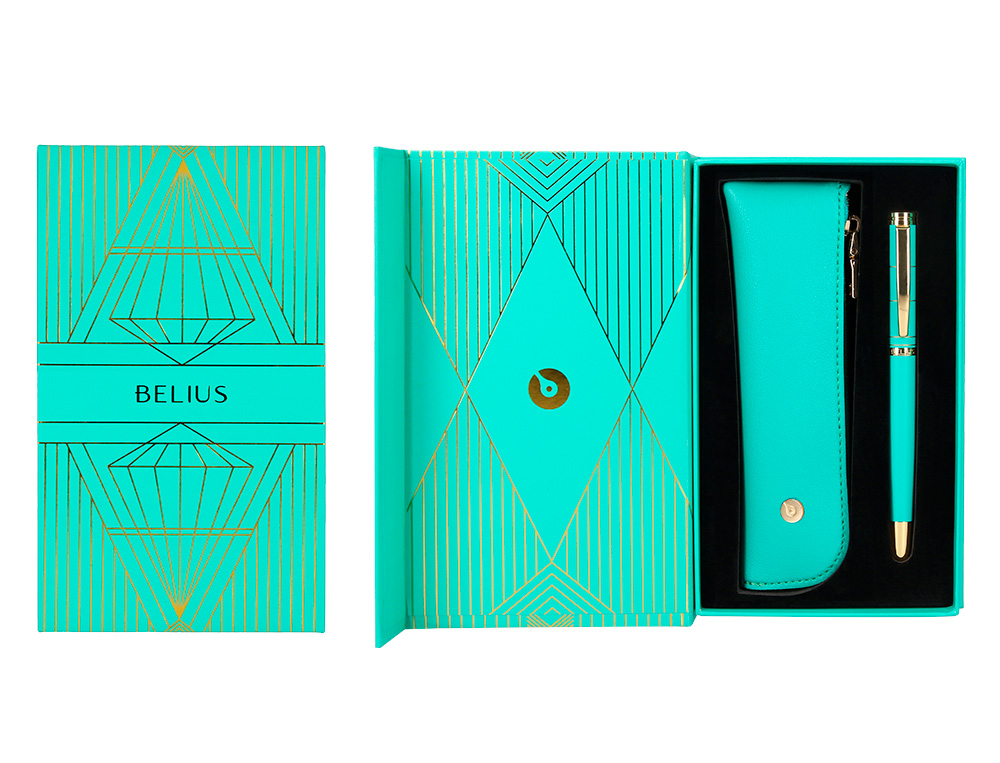 CANETA E ESTOJO BELIUS SOIREE DESENHO ART DECO TURQUESA E DOURADO TINTA AZUL CAIXA DESIGN