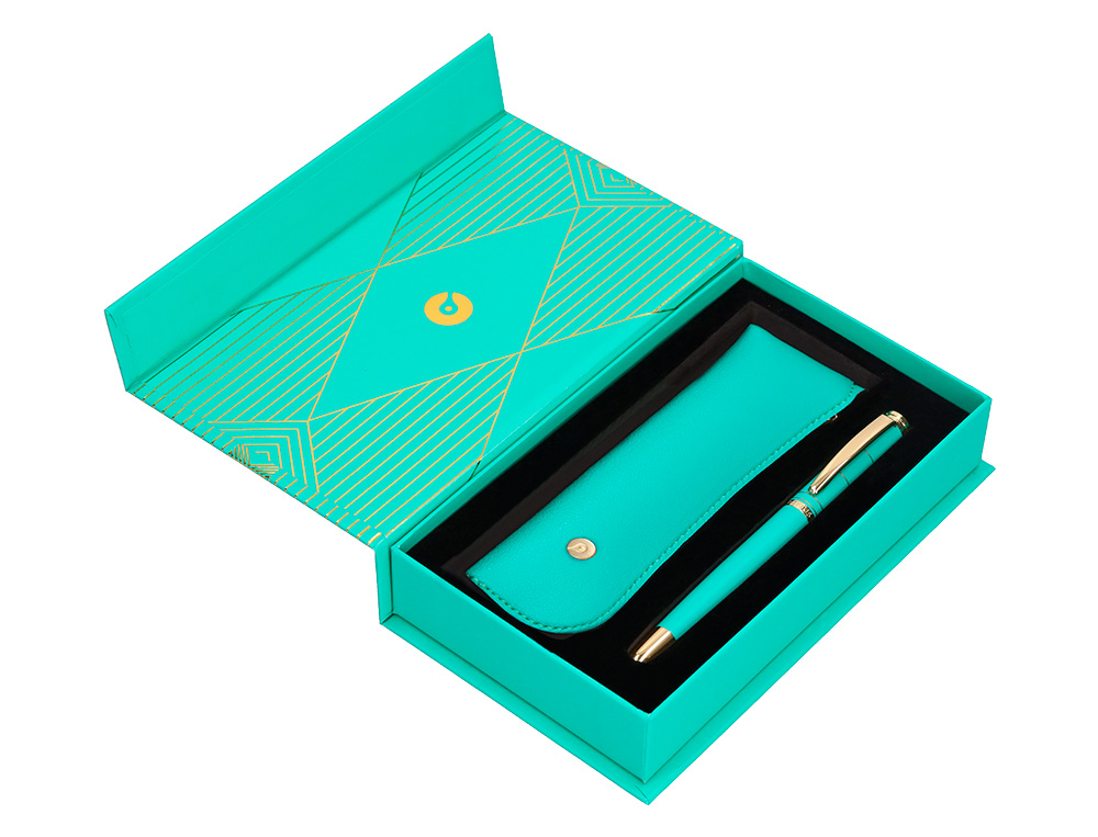 CANETA E ESTOJO BELIUS SOIREE DESENHO ART DECO TURQUESA E DOURADO TINTA AZUL CAIXA DESIGN