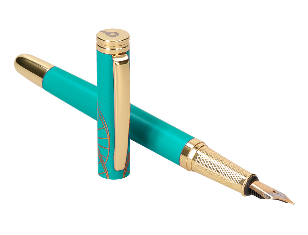 CANETA E ESTOJO BELIUS SOIREE DESENHO ART DECO TURQUESA E DOURADO TINTA AZUL CAIXA DESIGN