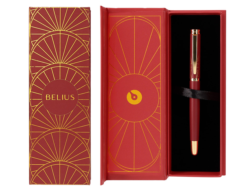 CANETA BELIUS SOIREE ALUMINIO DESENHO ART DECO BORDEAUX E DOURADO TINTA AZUL CAIXA DESIGN