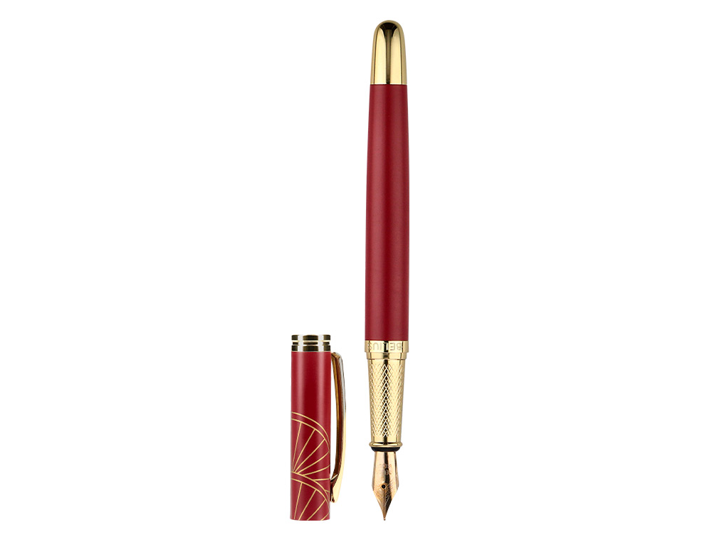 CANETA BELIUS SOIREE ALUMINIO DESENHO ART DECO BORDEAUX E DOURADO TINTA AZUL CAIXA DESIGN