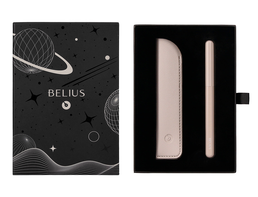 CANETA E BOLSA EM IMITACAO PELE BELIUS SPACE B DESENHO MINIMALISTA CINZA TINTA AZUL CAIXA DESIGN