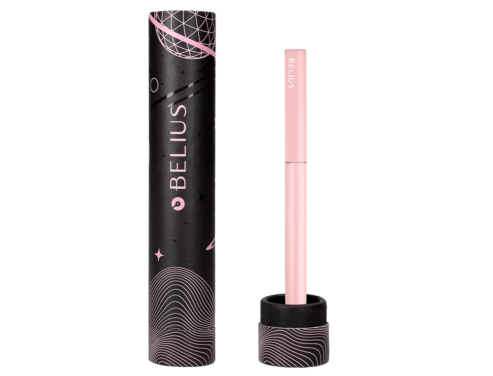 ESFEROGRAFICA BELIUS ROCKET B ALUMINIO DESENHO MINIMALISTA ROSA CAIXA CILINDRICA TINTA AZUL
