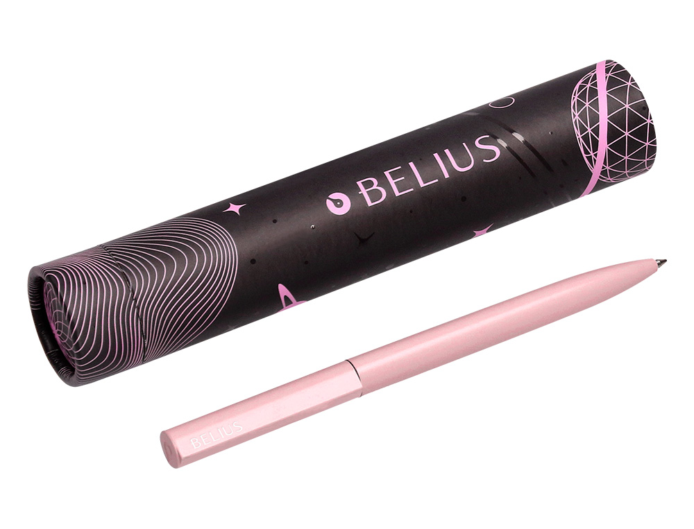 ESFEROGRAFICA BELIUS ROCKET B ALUMINIO DESENHO MINIMALISTA ROSA CAIXA CILINDRICA TINTA AZUL