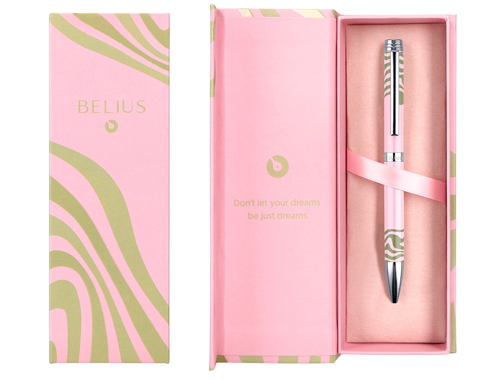 ESFEROGRAFICA BELIUS INK DREAMS ALUMINIO DESENHO ROSA E VERDE MATCHA PRATEADO FRASE INTERIOR CAIXA DESIGN TINTA AZUL