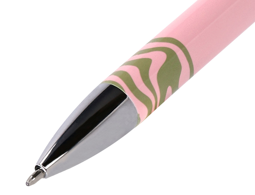ESFEROGRAFICA BELIUS INK DREAMS ALUMINIO DESENHO ROSA E VERDE MATCHA PRATEADO FRASE INTERIOR CAIXA DESIGN TINTA AZUL