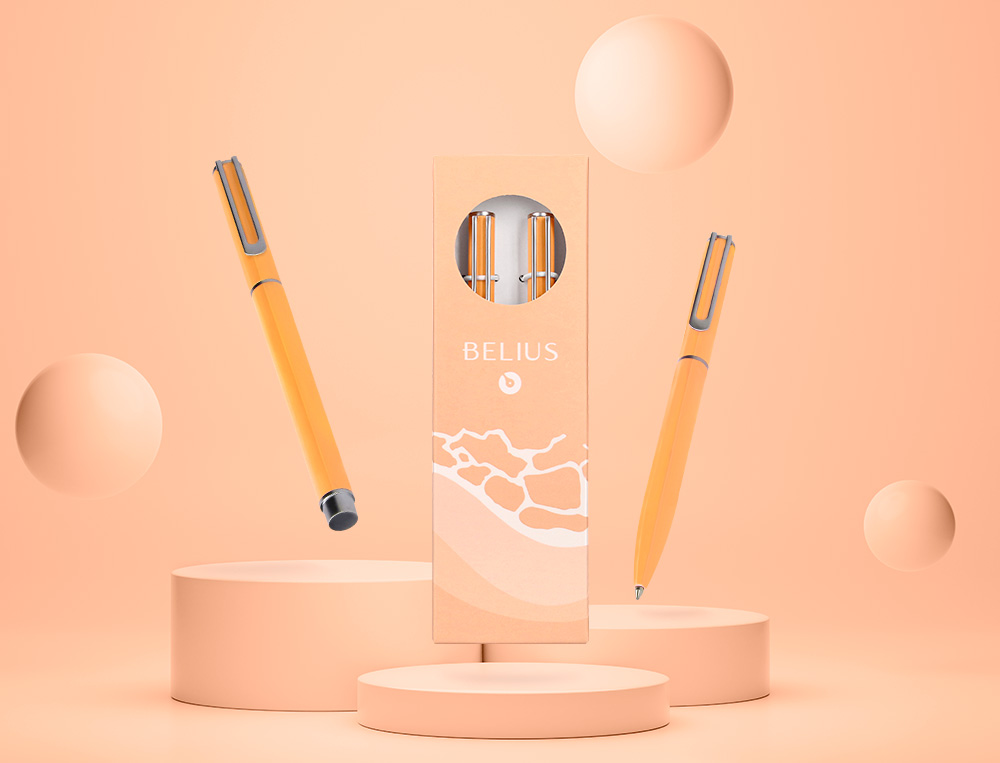 CONJUNTO ESFEROGRAFICA E ROLLER BELIUS ENDLESS SUMMER ALUMINIO DESENHO LARANJA E PRATEADO TINTA AZUL CAIXA DESIGN