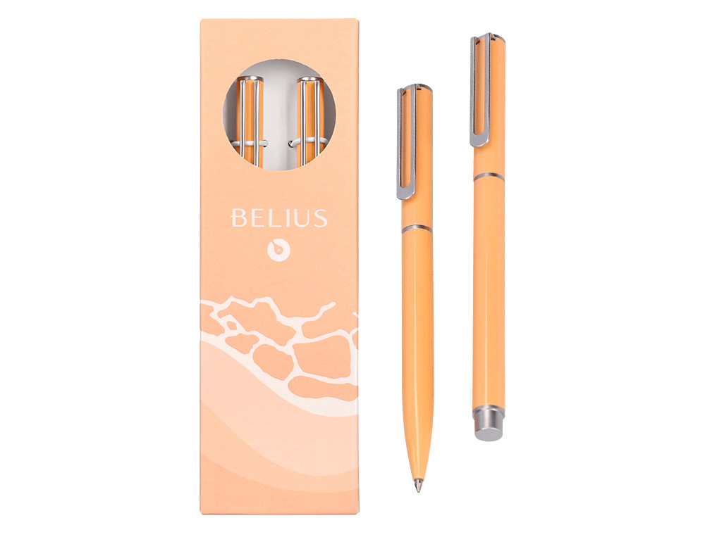 CONJUNTO ESFEROGRAFICA E ROLLER BELIUS ENDLESS SUMMER ALUMINIO DESENHO LARANJA E PRATEADO TINTA AZUL CAIXA DESIGN
