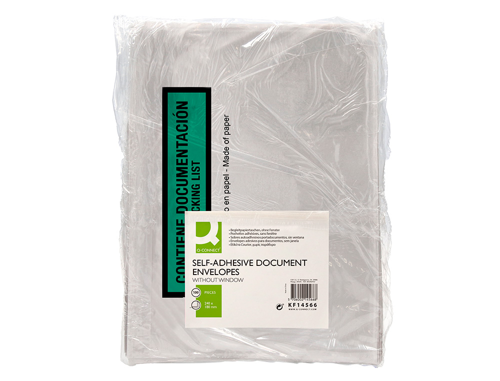 ENVELOPE AUTOADESIVO Q-CONNECT PORTA DOCUMENTOS MULTILINGUE 240X180 MM SEM JANELA 100% PAPEL PACK DE 100 UNIDADES
