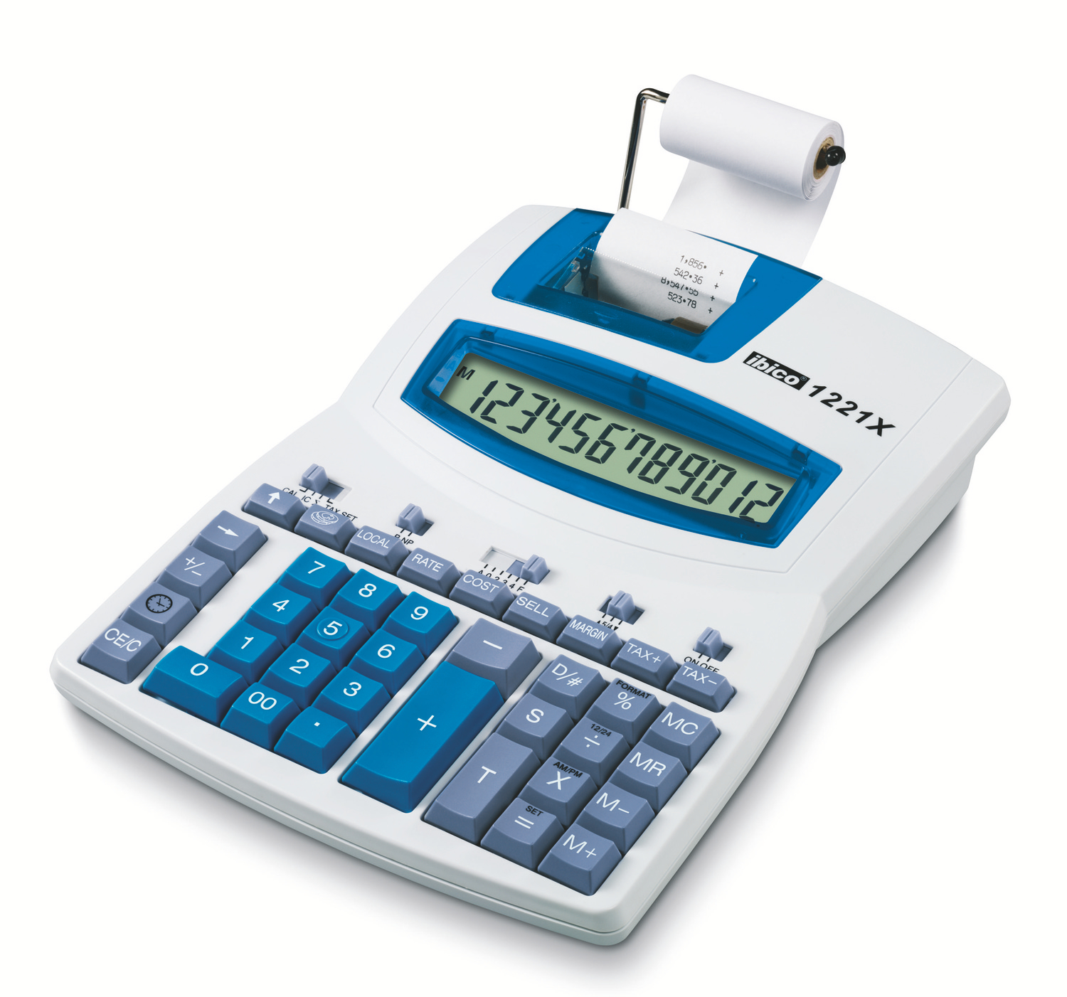 CALCULADORA IBICO 1221X IMPRESSORA ECRA LCD ANGULAR PAPEL 57 MM 12 DIGITOS IMPRESSAO BICOLOR BRANCO/AZUL 212X64X278 MM