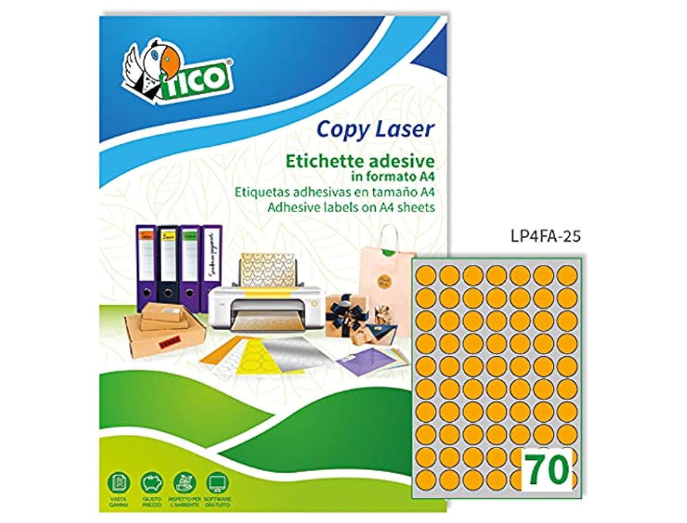 ETIQUETA ADESIVA TICO LARANJA FLUOR PERMANENTE CERTIFICADO FSC LASER/JATO TINTA/FOTOCOPIA 25 MM CAIXA 4900 UDS