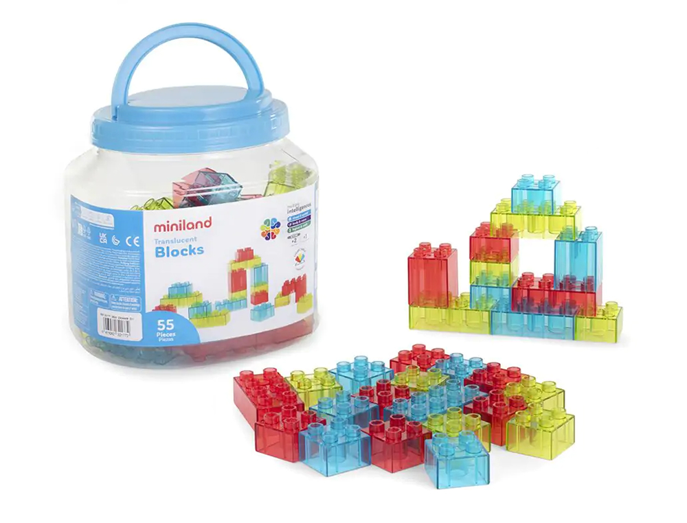 JOGO DIDATICO MINILAND BLOCOS CORES TRANSLUCIDAS 55 PECAS