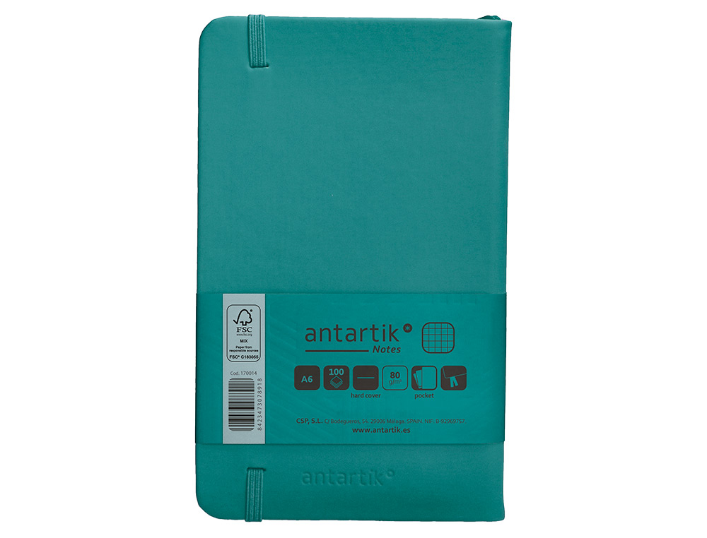 CADERNO COM ELASTICO ANTARTIK NOTES CAPA DURA A6 QUADRICULADO VERDE AGUA-MARINHA 100 FOLHAS 80 GR FSC