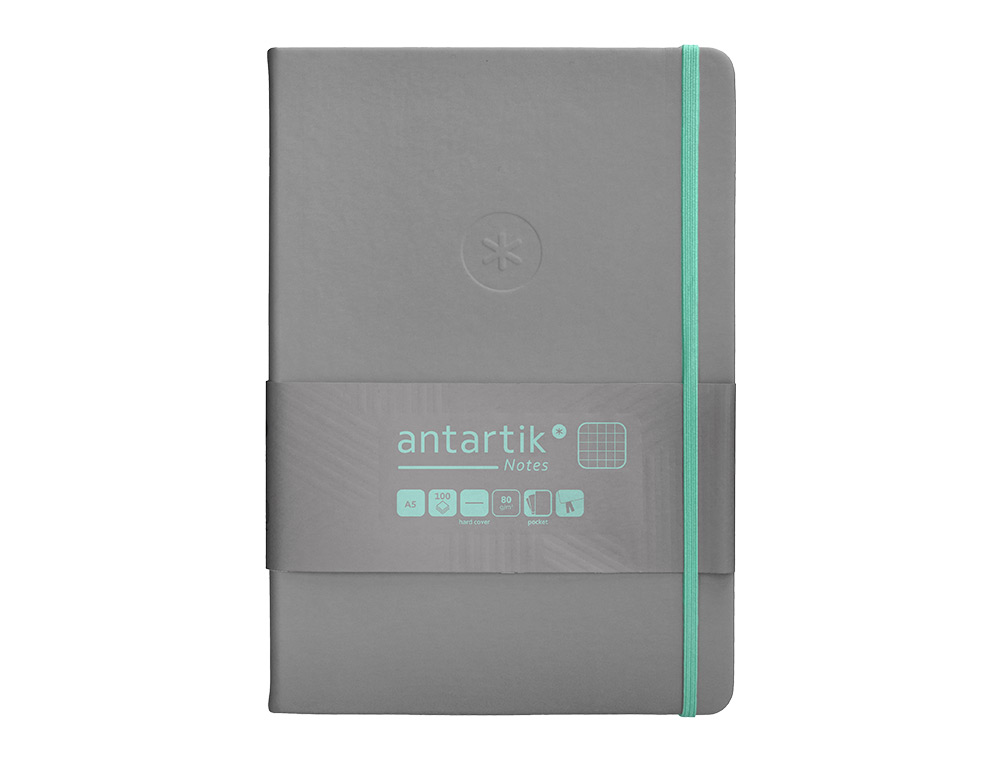 CADERNO COM ELASTICO ANTARTIK NOTES CAPA DURA A5 QUADRICULADO CINZA E TURQUESA 100 FOLHAS 80 GR FSC