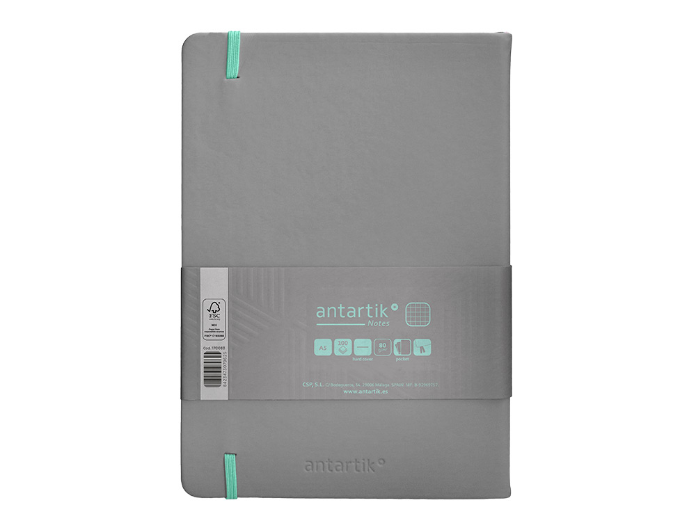 CADERNO COM ELASTICO ANTARTIK NOTES CAPA DURA A5 QUADRICULADO CINZA E TURQUESA 100 FOLHAS 80 GR FSC
