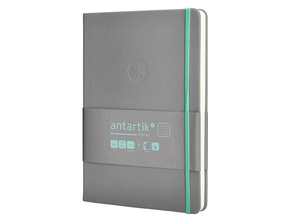 CADERNO COM ELASTICO ANTARTIK NOTES CAPA DURA A5 QUADRICULADO CINZA E TURQUESA 100 FOLHAS 80 GR FSC