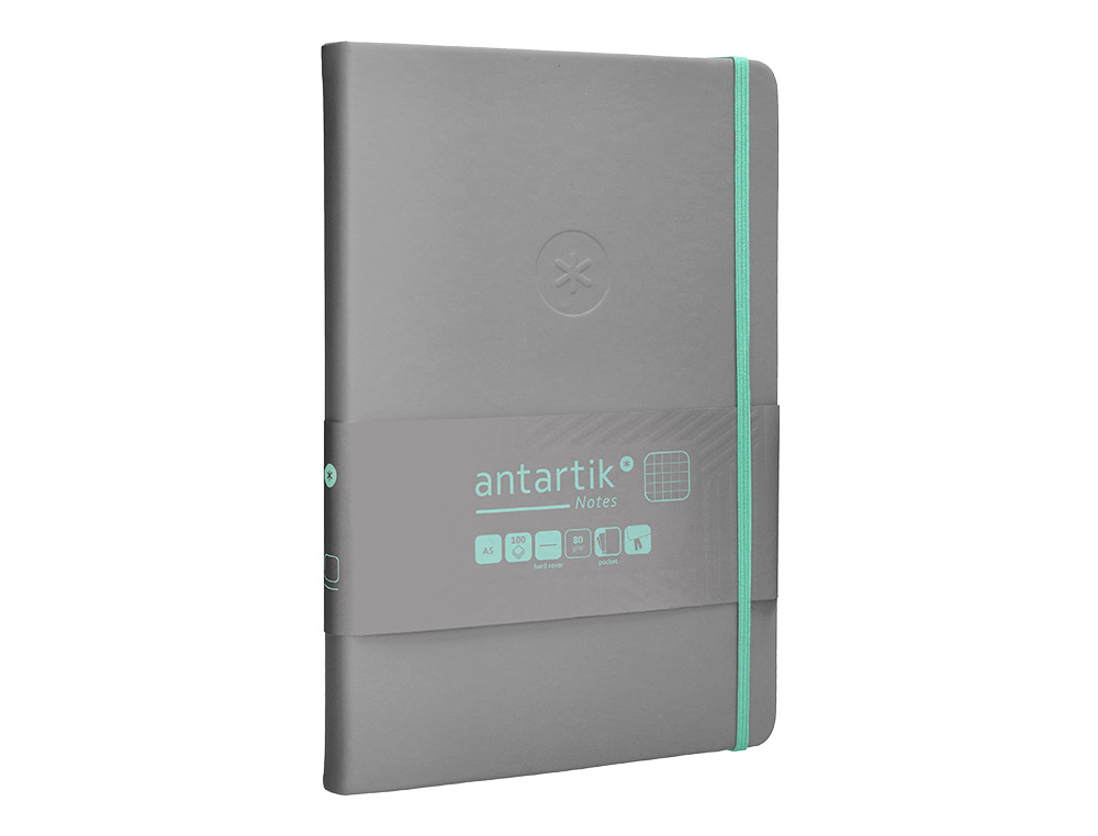 CADERNO COM ELASTICO ANTARTIK NOTES CAPA DURA A5 QUADRICULADO CINZA E TURQUESA 100 FOLHAS 80 GR FSC
