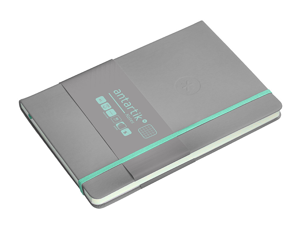 CADERNO COM ELASTICO ANTARTIK NOTES CAPA DURA A5 QUADRICULADO CINZA E TURQUESA 100 FOLHAS 80 GR FSC