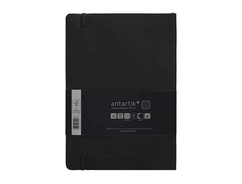 CADERNO COM ELASTICO ANTARTIK NOTES CAPA MOLE A5 QUADRICULADO PRETO 80 FOLHAS 80 GR FSC