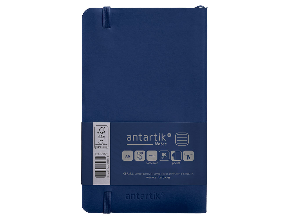 CADERNO COM ELASTICO ANTARTIK NOTES CAPA MOLE A6 PAUTADO AZUL MARINHO 100 FOLHAS 80 GR FSC