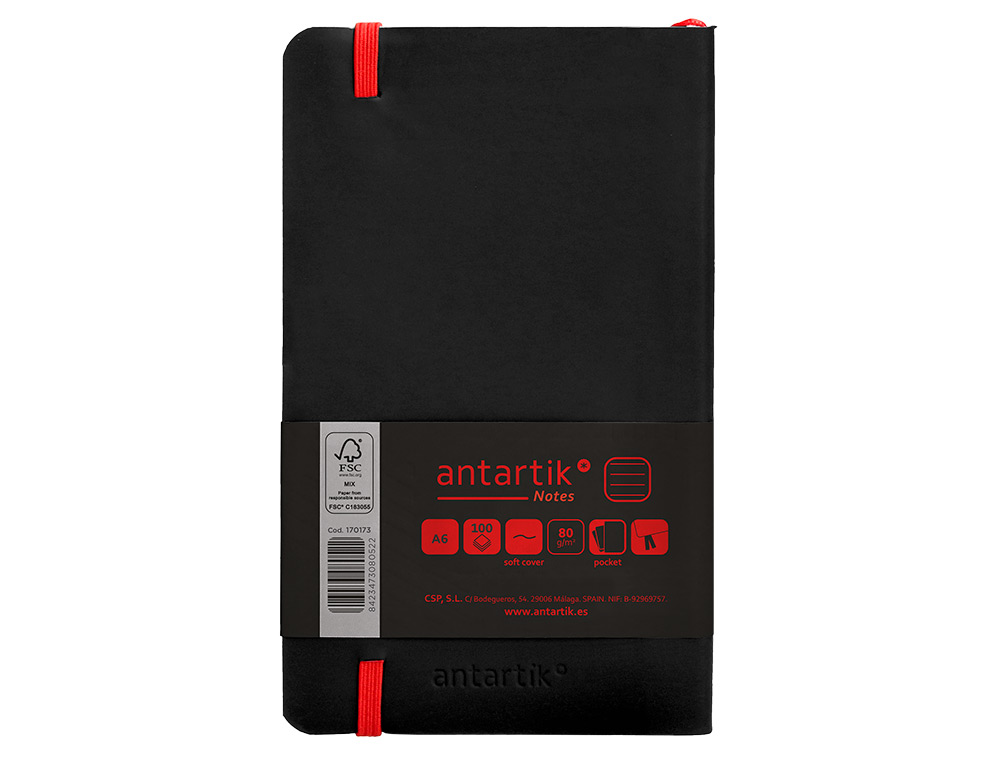 CADERNO COM ELASTICO ANTARTIK NOTES CAPA MOLE A6 PAUTADO PRETO E VERMELHO 100 FOLHAS 80 GR FSC