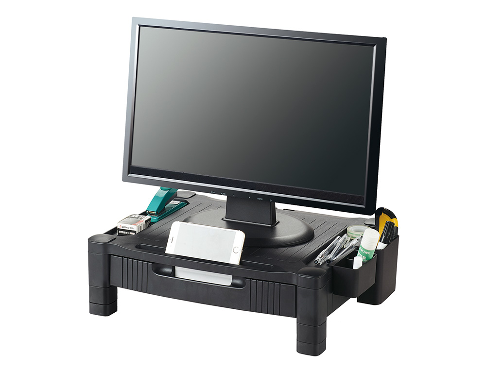 SUPORTE Q-CONNECT PARA MONITOR OU IMPRESSORA COM GAVETA E AJUSTAVEL A DUAS ALTURAS 10,3CM A 13,3CM COR PRETO