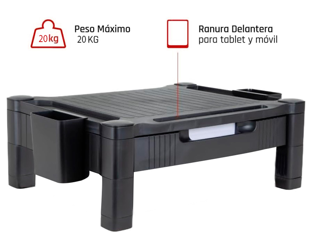 SUPORTE Q-CONNECT PARA MONITOR OU IMPRESSORA COM GAVETA E AJUSTAVEL A DUAS ALTURAS 10,3CM A 13,3CM COR PRETO