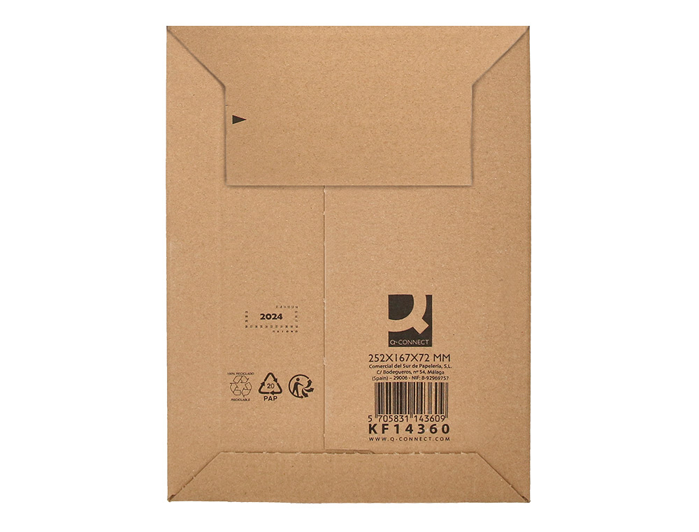 ENVELOPE PARA ENVIOS Q-CONNECT CARTAO 100% RECICLADO E RECICLAVEL FECHO AUTOADESIVO 252X167X72 MM COR KRAFT