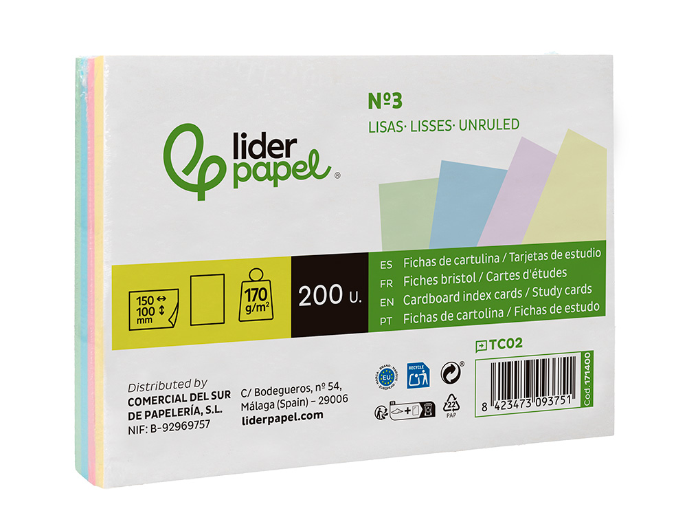CARTAO LIDERPAPEL PARA ESTUDAR LISO CARTOLINA DE CORES 180 GR 100X150MM EMBALAGEM DE 200 UNIDADES