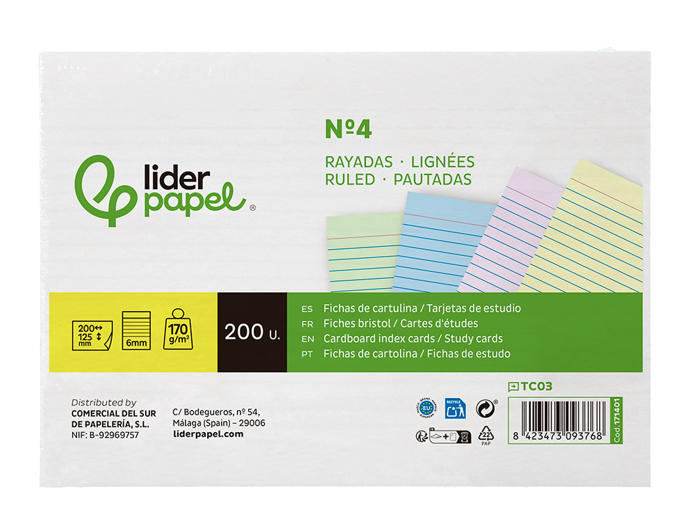 CARTAO LIDERPAPEL PARA ESTUDAR PAUTADO CARTOLINA DE CORES 180 GR 125X200MM EMBALAGEM DE 200 UNIDADES