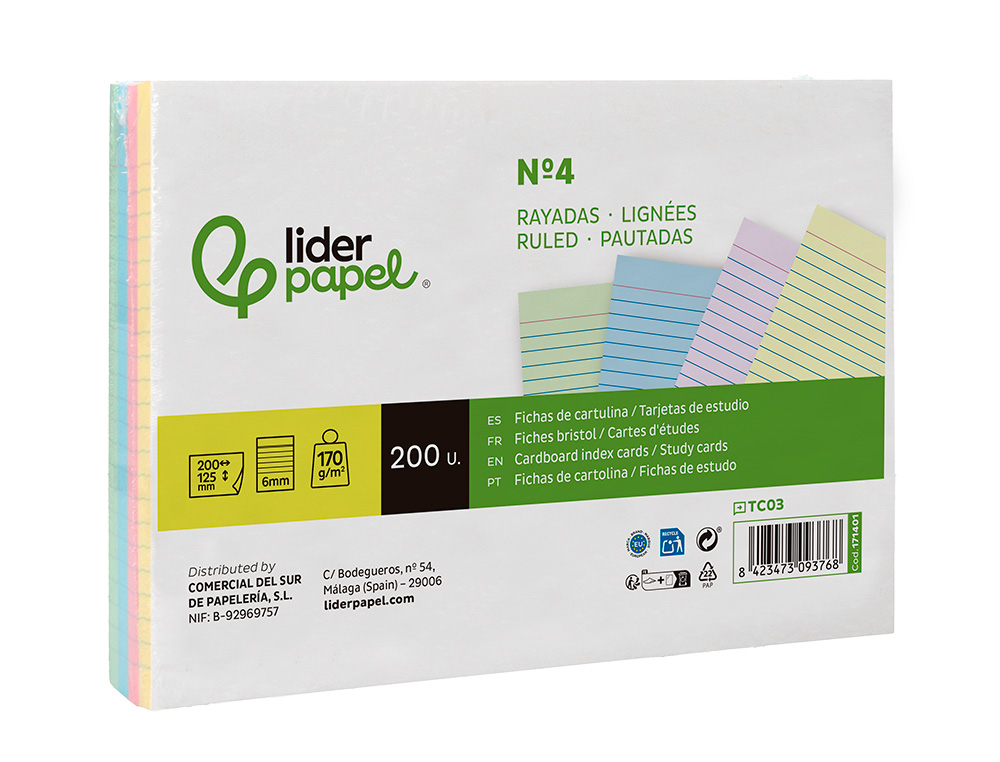 CARTAO LIDERPAPEL PARA ESTUDAR PAUTADO CARTOLINA DE CORES 180 GR 125X200MM EMBALAGEM DE 200 UNIDADES