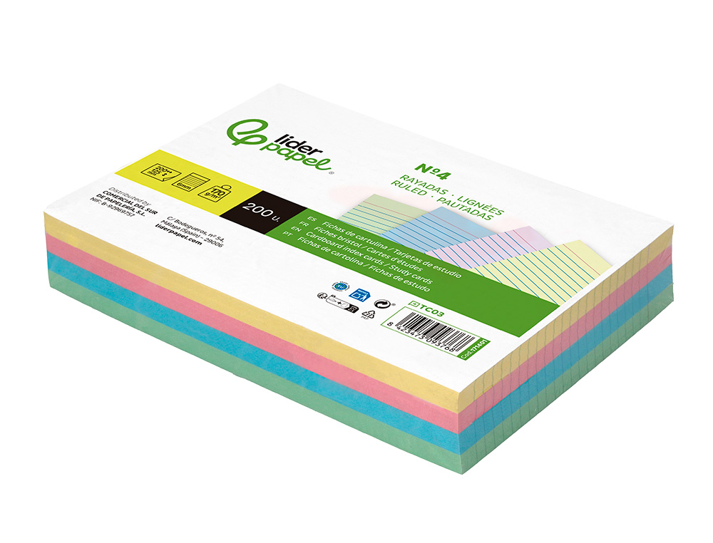 CARTAO LIDERPAPEL PARA ESTUDAR PAUTADO CARTOLINA DE CORES 180 GR 125X200MM EMBALAGEM DE 200 UNIDADES