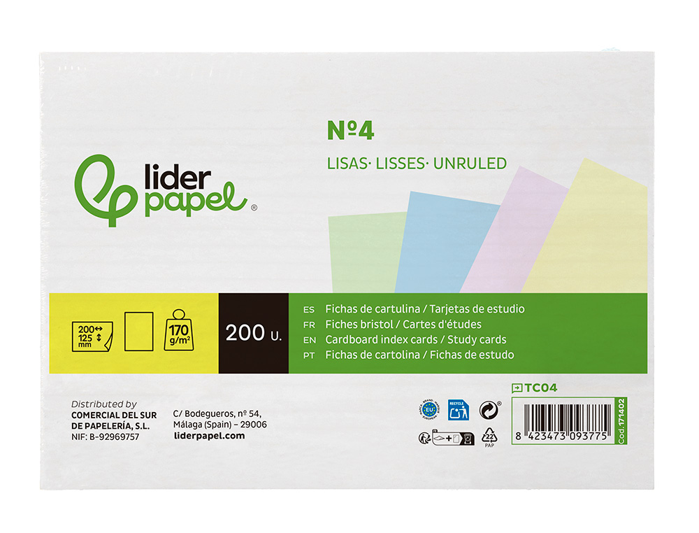 CARTAO LIDERPAPEL PARA ESTUDAR LISO CARTOLINA DE CORES 180 GR 125X200MM EMBALAGEM DE 200 UNIDADES