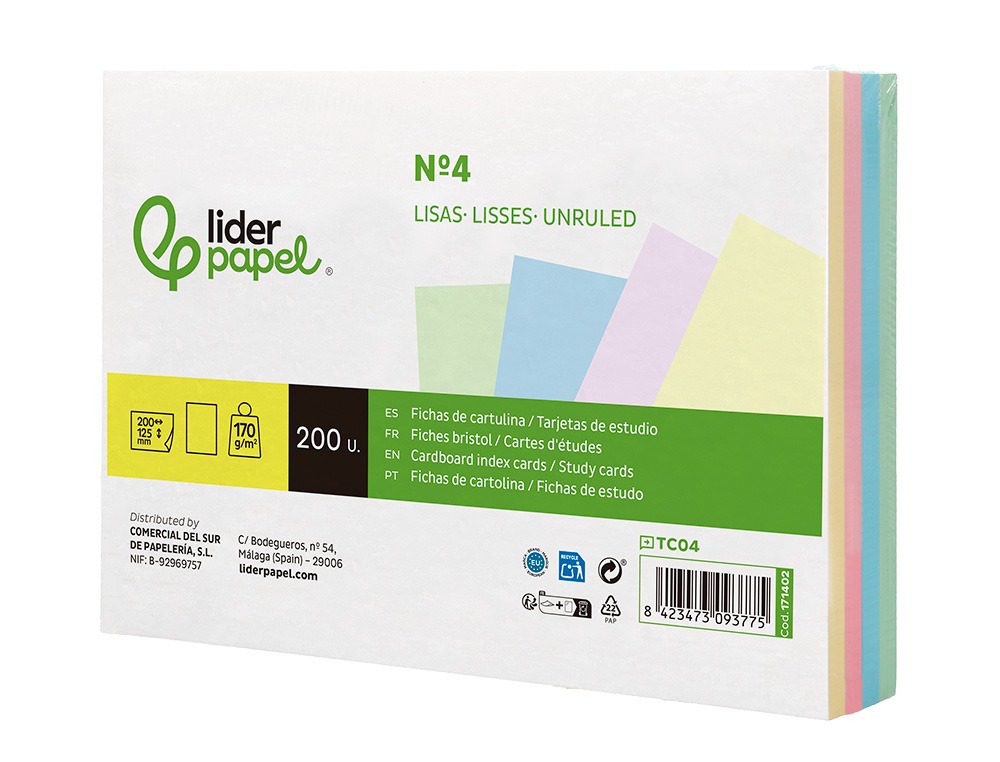 CARTAO LIDERPAPEL PARA ESTUDAR LISO CARTOLINA DE CORES 180 GR 125X200MM EMBALAGEM DE 200 UNIDADES