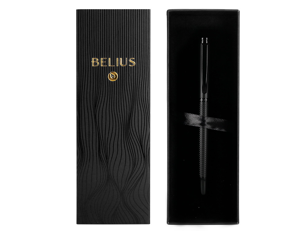 CANETA BELIUS NEPTUNO ALUMINIO TEXTURA WAVY COR PRETO TINTA AZUL CAIXA DE DESIGN