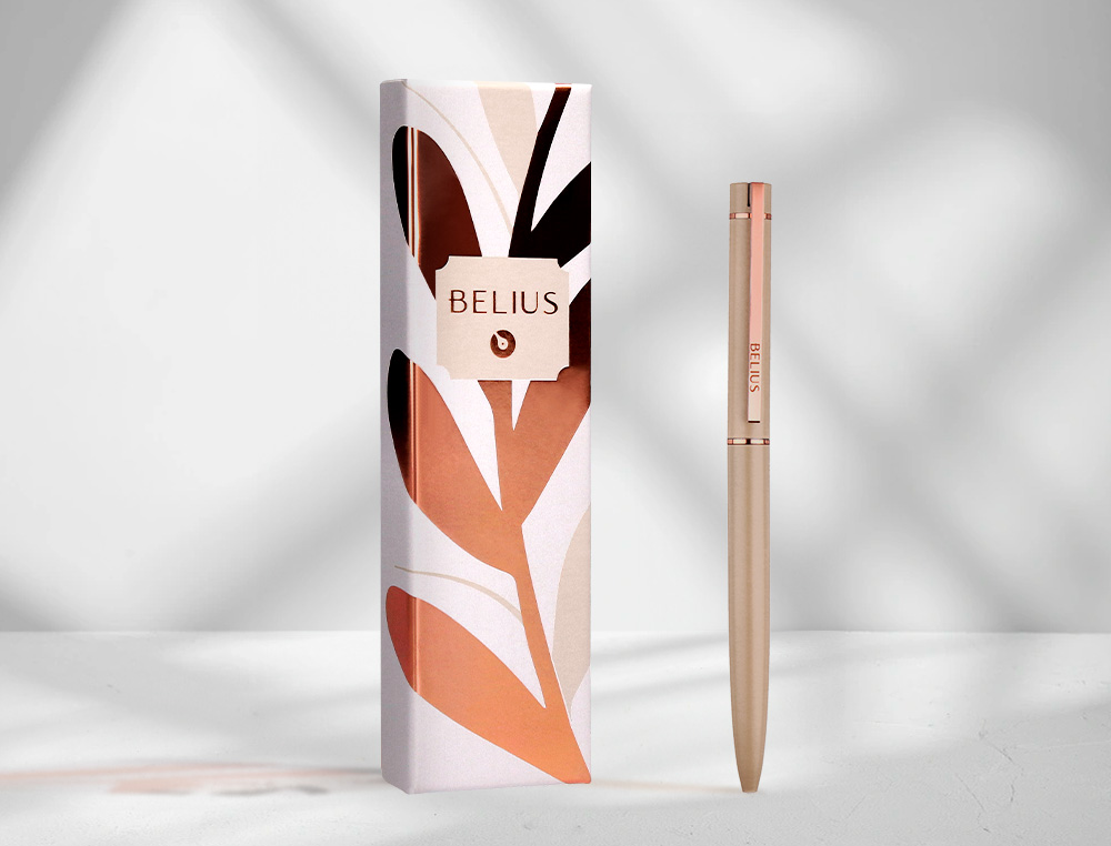 ESFEROGRAFICA BELIUS ROSE ALUMINIO COR BEGE CLARO OURO ROSA TINTA AZUL CAIXA DE DESIGN