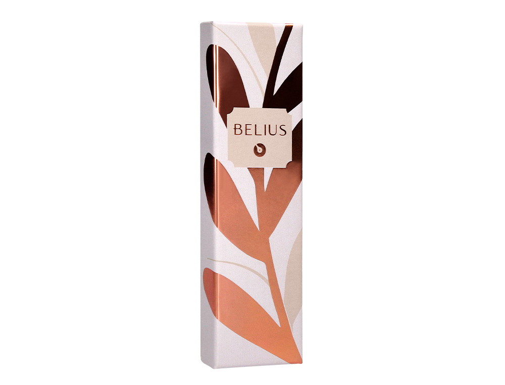 ESFEROGRAFICA BELIUS ROSE ALUMINIO COR BEGE CLARO OURO ROSA TINTA AZUL CAIXA DE DESIGN