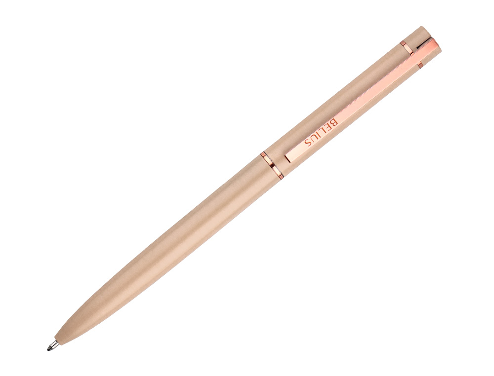 ESFEROGRAFICA BELIUS ROSE ALUMINIO COR BEGE CLARO OURO ROSA TINTA AZUL CAIXA DE DESIGN
