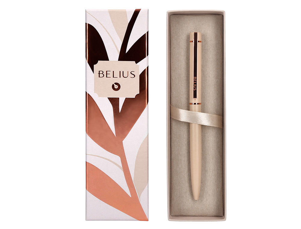ESFEROGRAFICA BELIUS ROSE ALUMINIO COR BEGE CLARO OURO ROSA TINTA AZUL CAIXA DE DESIGN