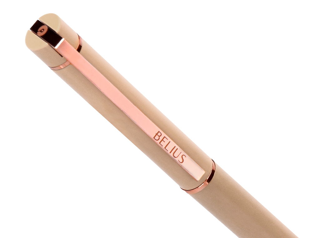 ESFEROGRAFICA BELIUS ROSE ALUMINIO COR BEGE CLARO OURO ROSA TINTA AZUL CAIXA DE DESIGN