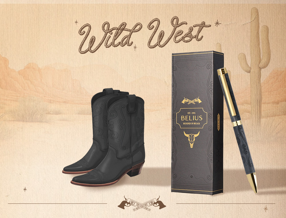 ESFEROGRAFICA BELIUS WILD WEST ALUMINIO COR PRETO DOURADO TINTA COR AZUL CAIXA DE DESIGN