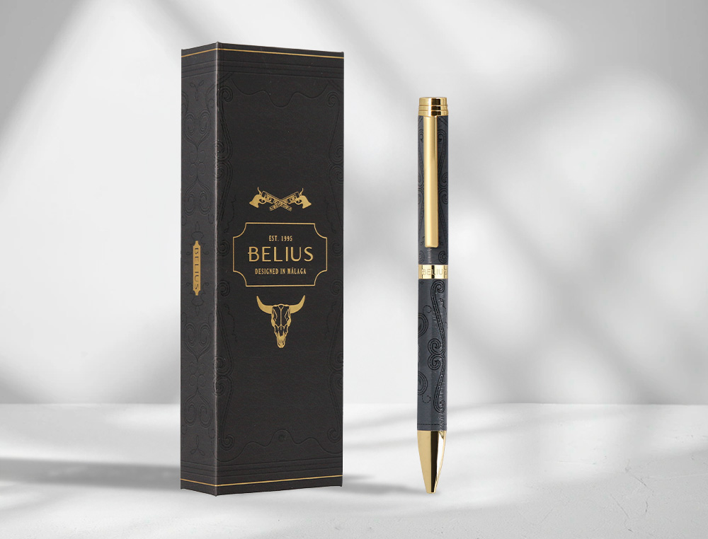ESFEROGRAFICA BELIUS WILD WEST ALUMINIO COR PRETO DOURADO TINTA COR AZUL CAIXA DE DESIGN