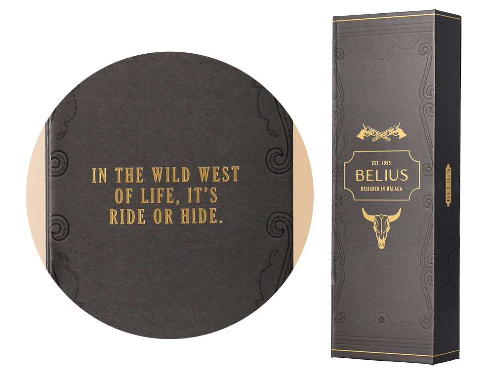 ESFEROGRAFICA BELIUS WILD WEST ALUMINIO COR PRETO DOURADO TINTA COR AZUL CAIXA DE DESIGN