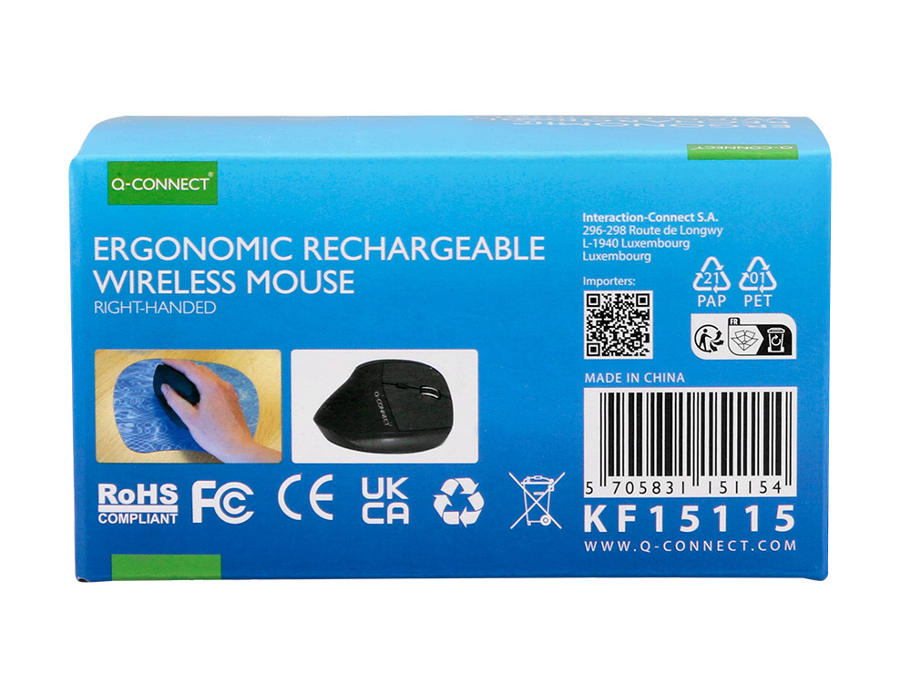 RATO Q-CONNECT OTICO SEM FIOS ERGONOMICO VERTICAL DPI 800/1200/1600 BATERIA RECARREGAVEL PRETO
