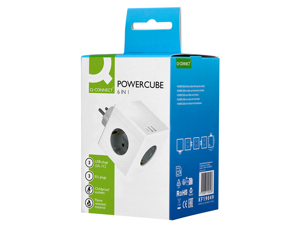EXTENSAO Q-CONNECT EM CUBO MULTIPLA 6 EM 1 DIRETO PAREDE 3 TOMADAS DE CORRENTE+2 USB+1 USB C 75X75X112MM