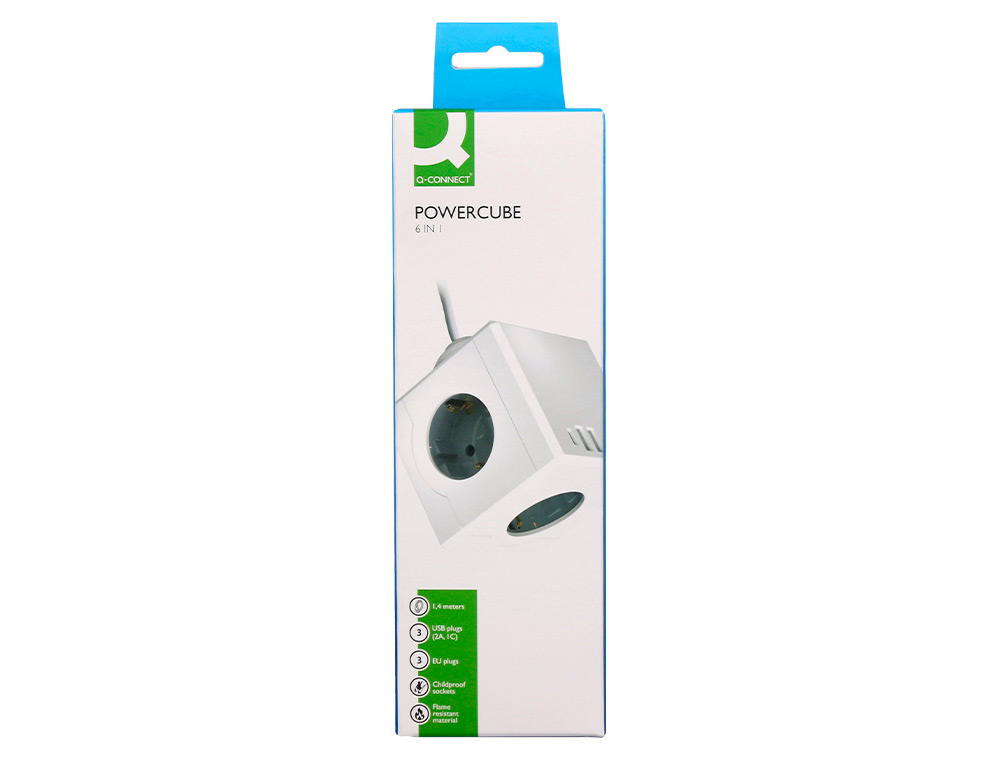 EXTENSAO Q-CONNECT EM CUBO MULTIPLA 6 EM 1 CABO DE 1,4MT 3 TOMADAS DE CORRENTE+2 USB+1 USB C 75X75X112MM