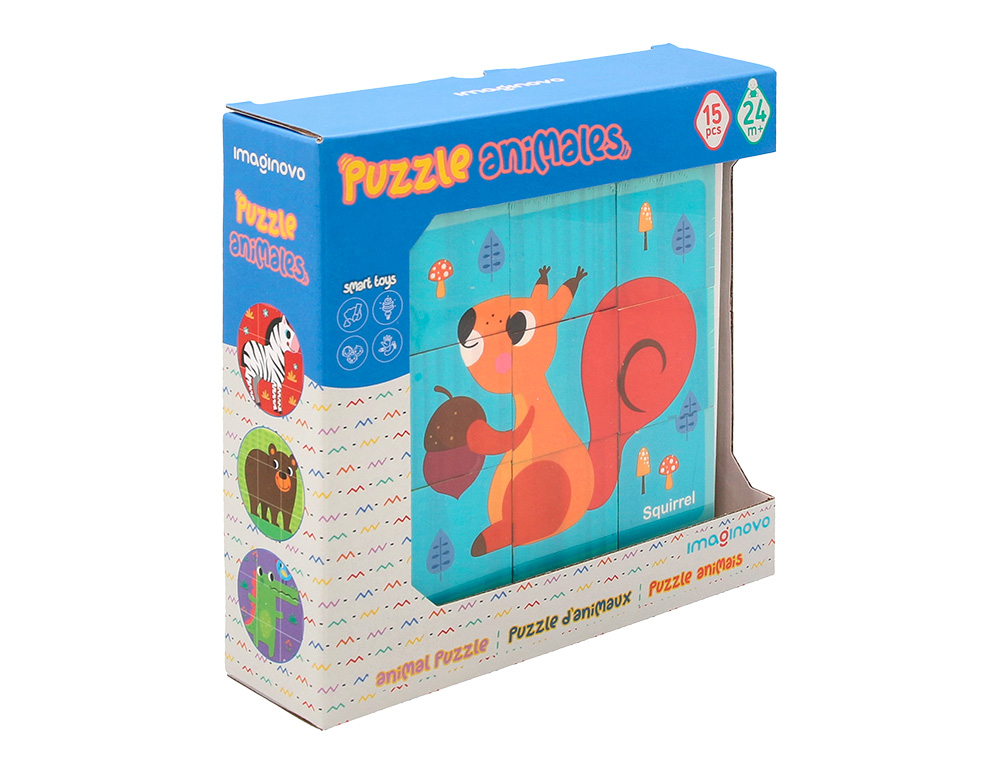 PUZZLE INFANTIL IMAGINOVO MADEIRA CUBOS DE ANIMAIS +24 MESES 15 PECAS INCLUI 12 PADROES 22X22X6,4CM