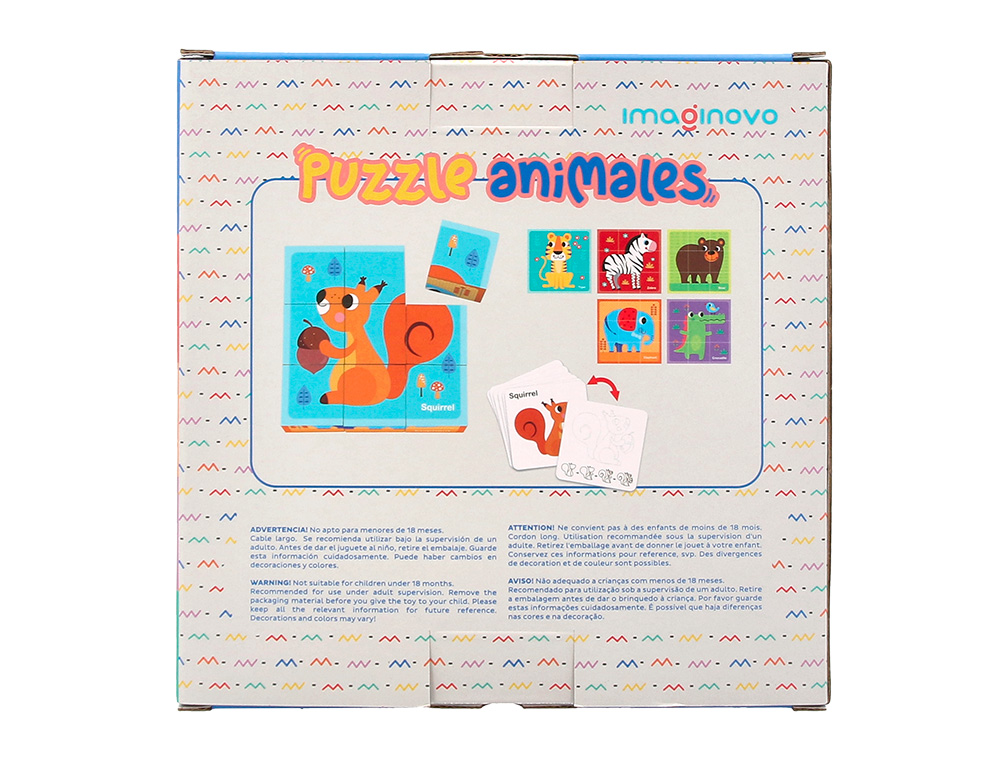 PUZZLE INFANTIL IMAGINOVO MADEIRA CUBOS DE ANIMAIS +24 MESES 15 PECAS INCLUI 12 PADROES 22X22X6,4CM