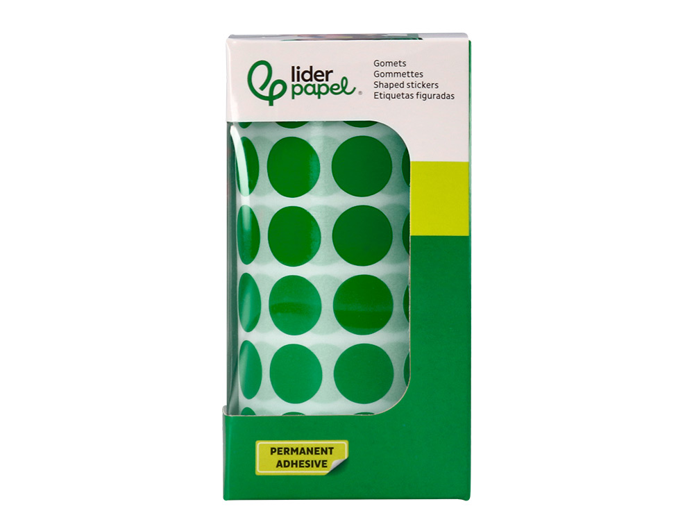 ETIQUETAS ESCOLAR LIDERPAPEL AUTOADESIVAS CIRCULOS 15 MM VERDE ROLO DE 2500 UNIDADES EM CAIXA DE CARTAO