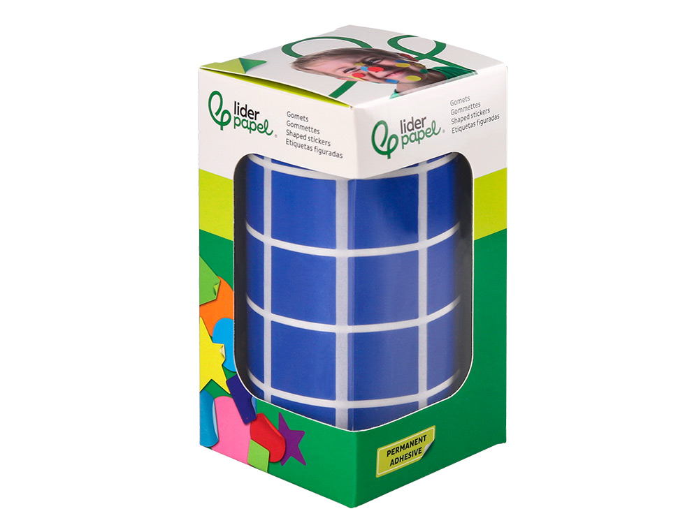 ETIQUETAS ESCOLAR LIDERPAPEL AUTOADESIVAS QUADRADO 20X20 MM AZUL ROLO DE 2000 UNIDADES EM CAIXA DE CARTAO